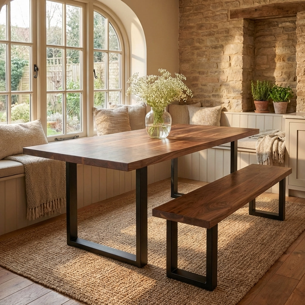 Wooden dining table with bench in a cozy living room with stone wall and large windows.