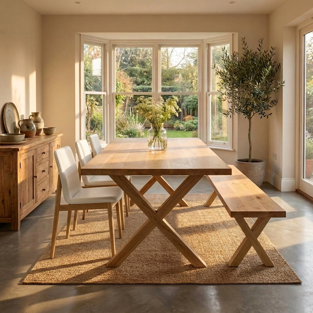 Dining room with wooden table, chairs, and bench in a bright room with large windows.