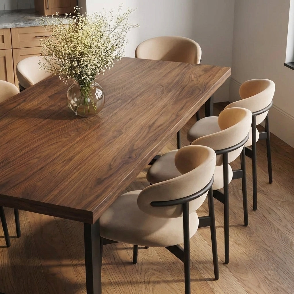 Dining room with wooden table and beige chairs