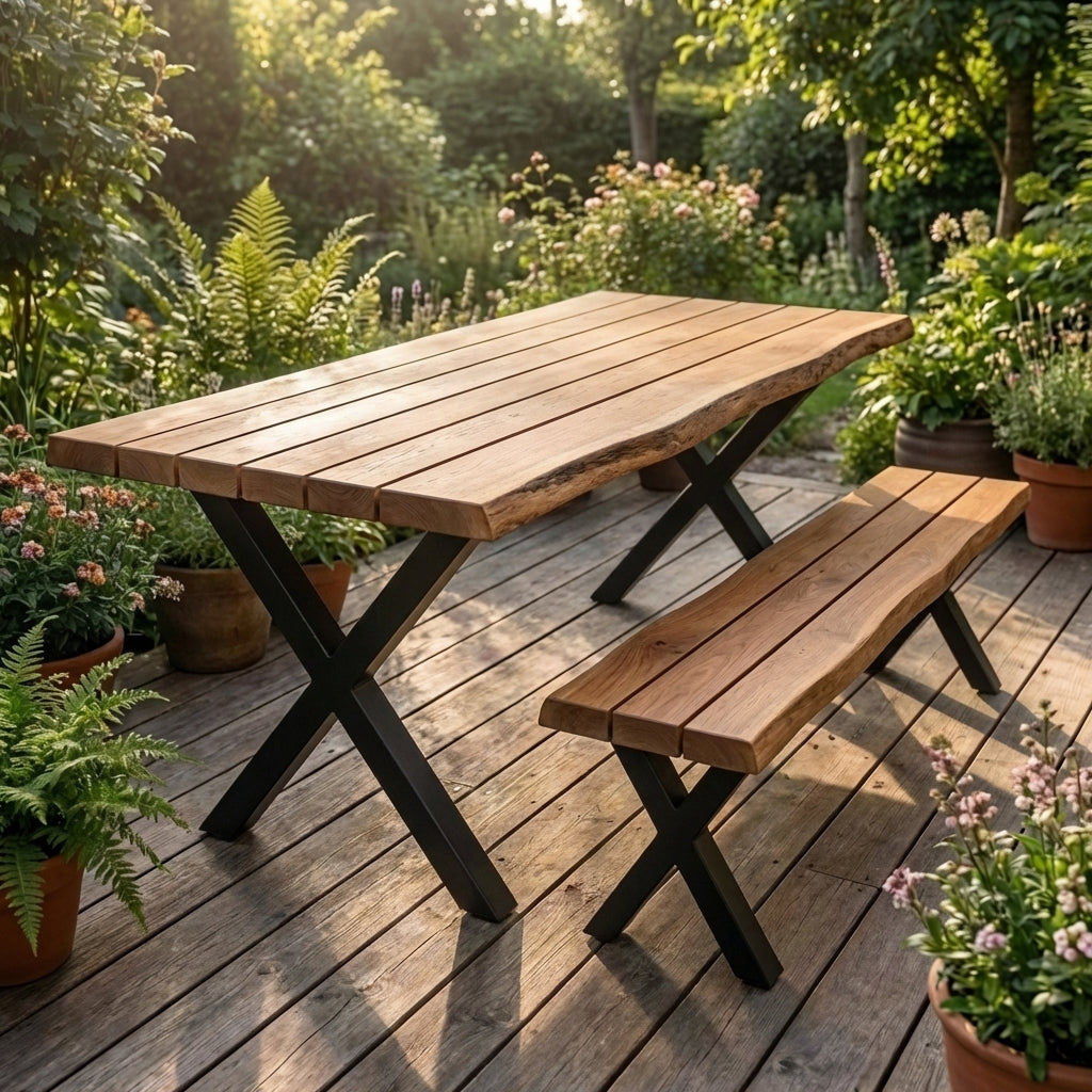 Wooden outdoor table and bench set on a wooden deck with plants around