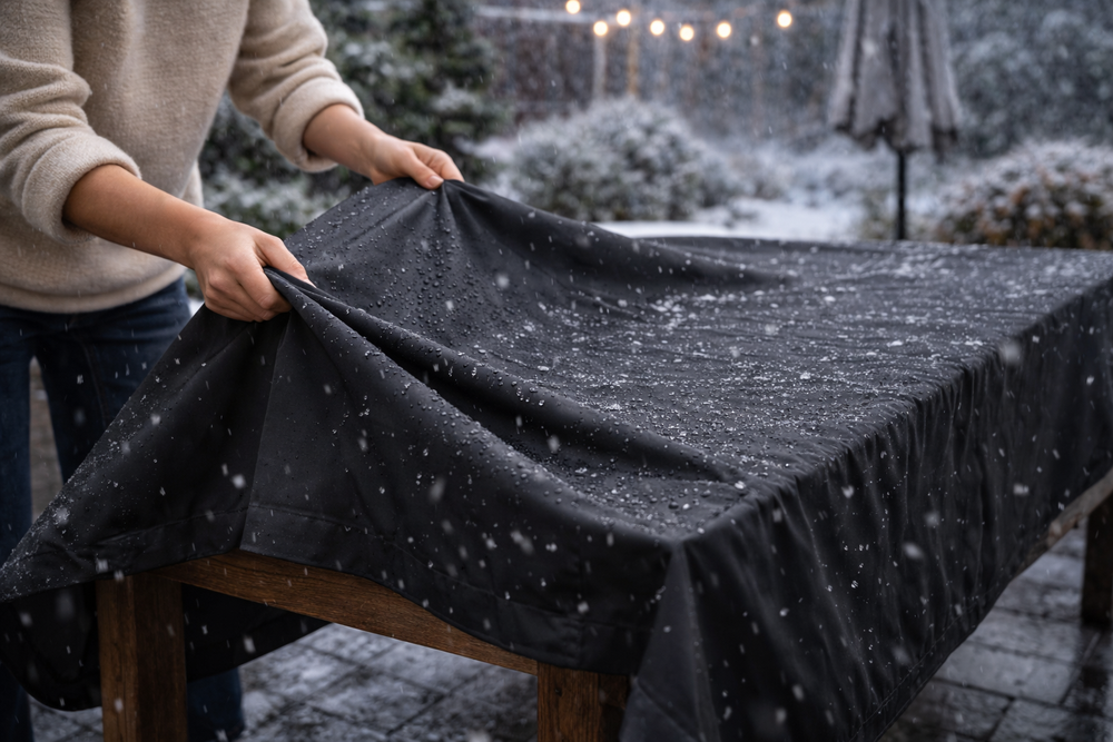 Person setting a waterproof cover on a table outdoors during cold weather.