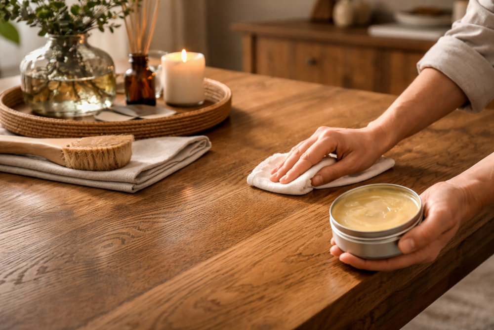 Person applying a wooden surface cleaner to a wooden table