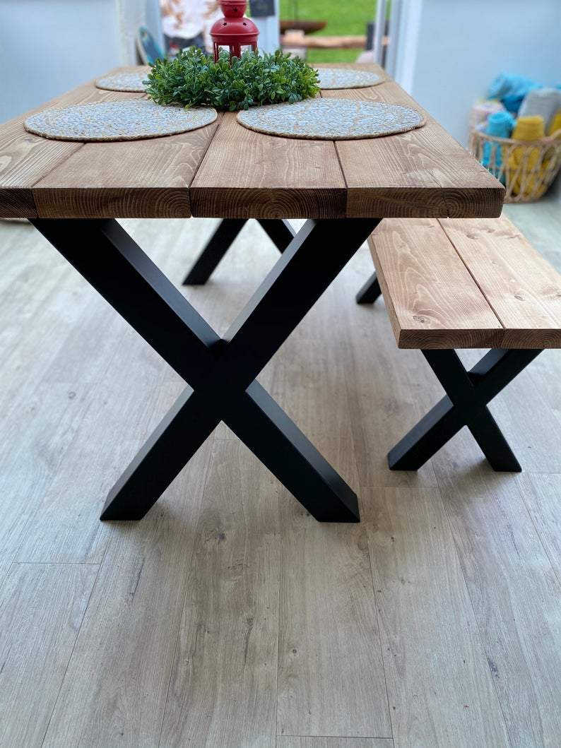 Dining Table and Bench with Steel X Frame Legs
