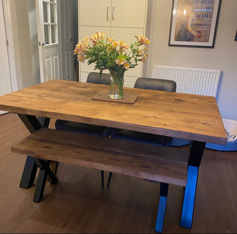 Dining Table and Bench with Steel X Frame Legs
