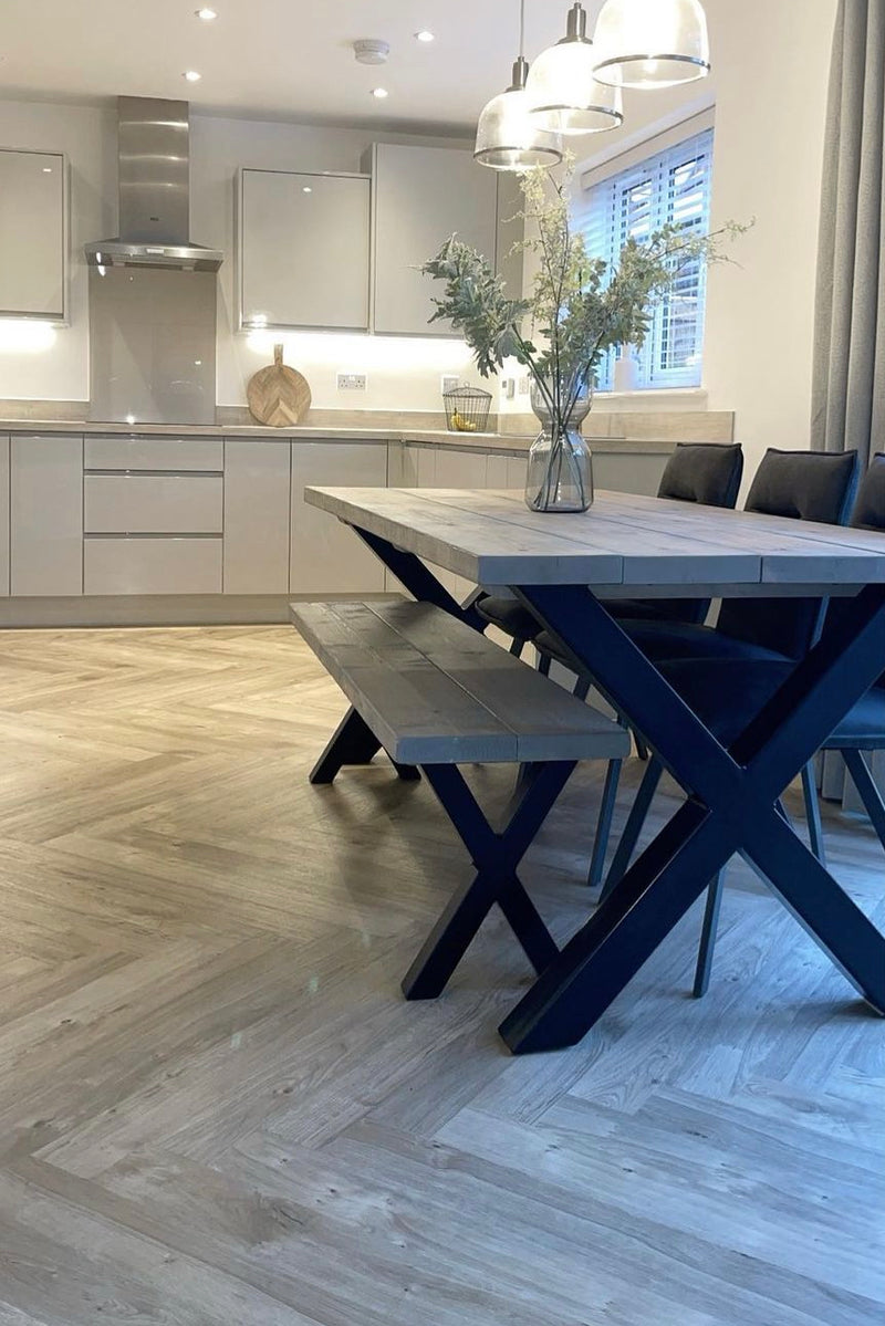 Dining Table and Bench with Steel X Frame Legs