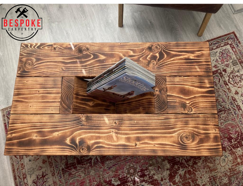 Rustic Wooden Coffee Table with Magazine Holder